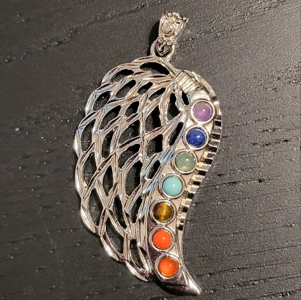 Silver Wing Pendant with Multicolor Stones